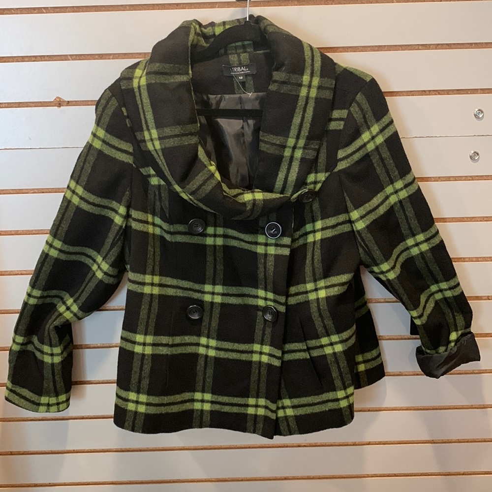 Tribal green & black rayon/wool jacket. Fully lined for the perfect feel. Sz 12